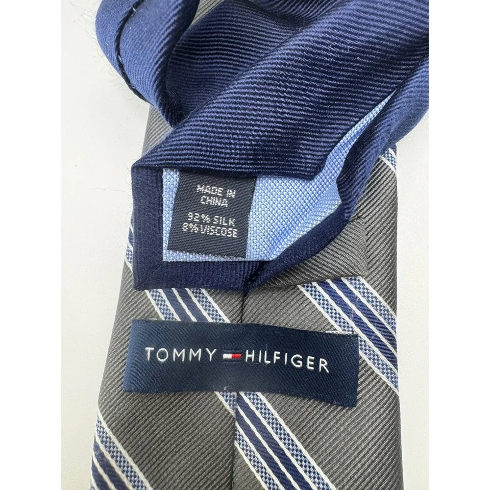 Tommy Hilfiger Striped Necktie Gray Blue Silk‎ Blend Business Casual